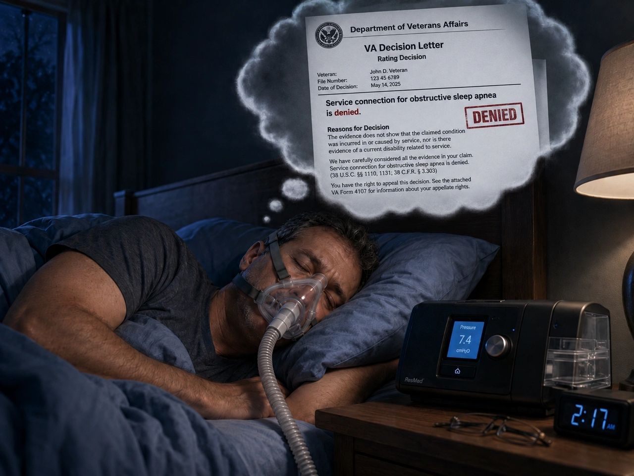 VA denial letter on a desk beside a CPAP machine, representing next steps after a sleep apnea claim denial.