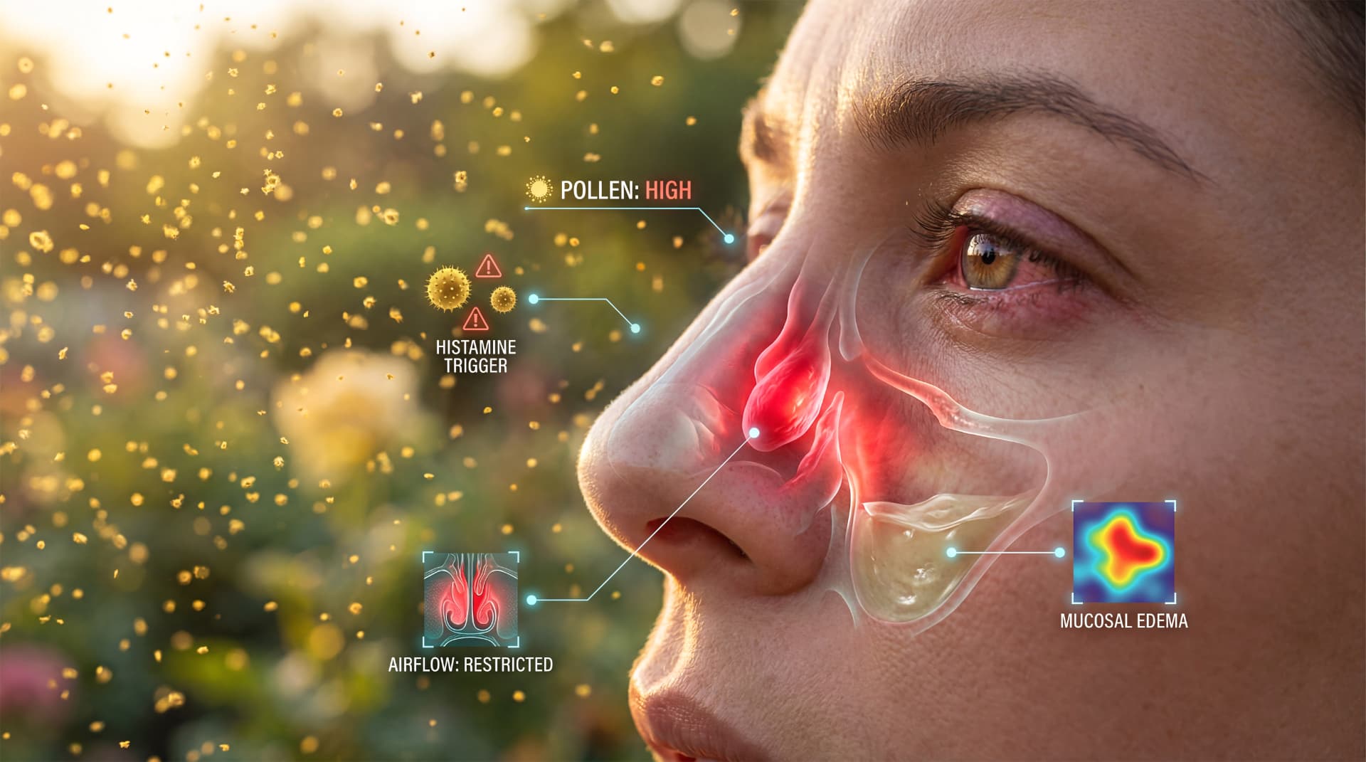 Medical illustration showing inflamed sinus cavities, pollen exposure, and restricted airflow contributing to obstructive sleep apnea.