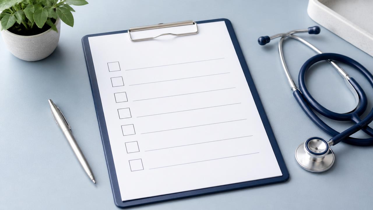 Blank medical screening checklist on a clipboard with a stethoscope, representing the STOP-BANG sleep apnea questionnaire.