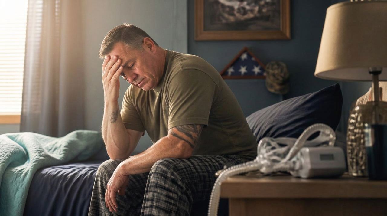 Veteran sitting on the edge of his bed at dawn with a CPAP machine nearby, showing the sleep disruption of PTSD and obstructive sleep apnea.